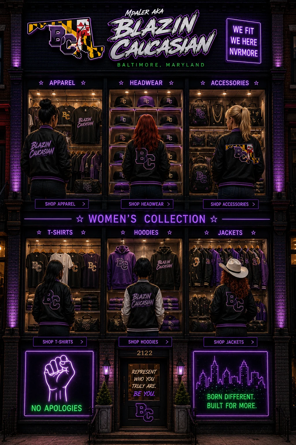 Blazin Caucasian flagship storefront at night with lit display windows
