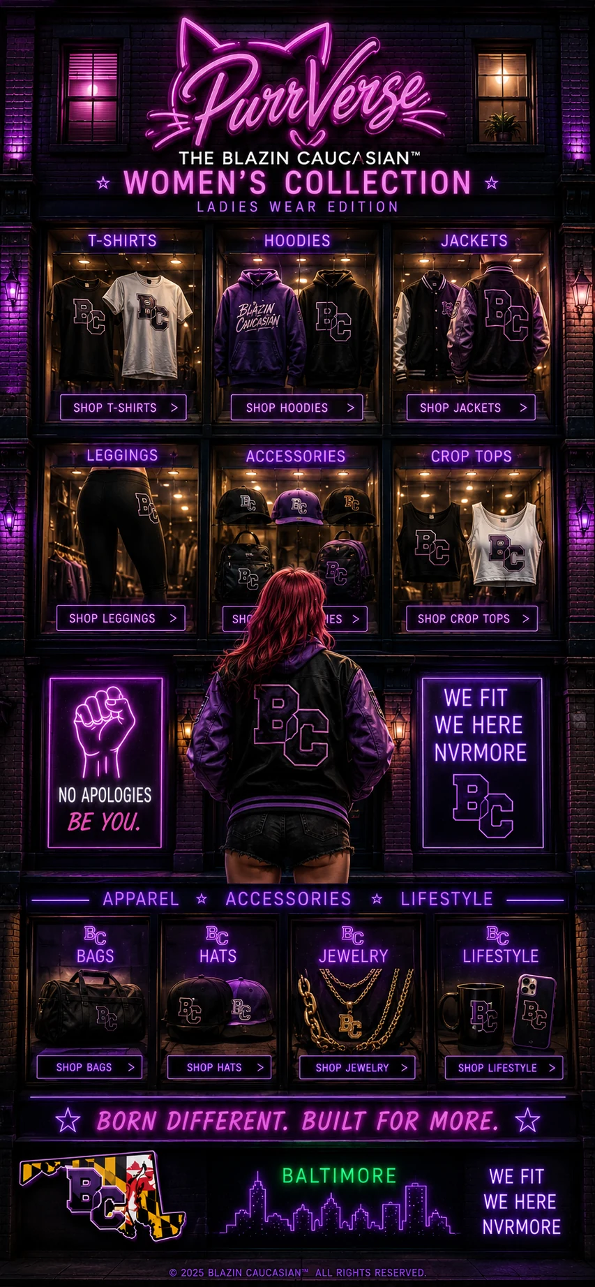 Purr Verse ladies wear edition storefront grid of display windows