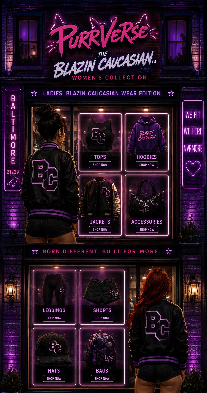 Purr Verse women's collection storefront with neon window displays