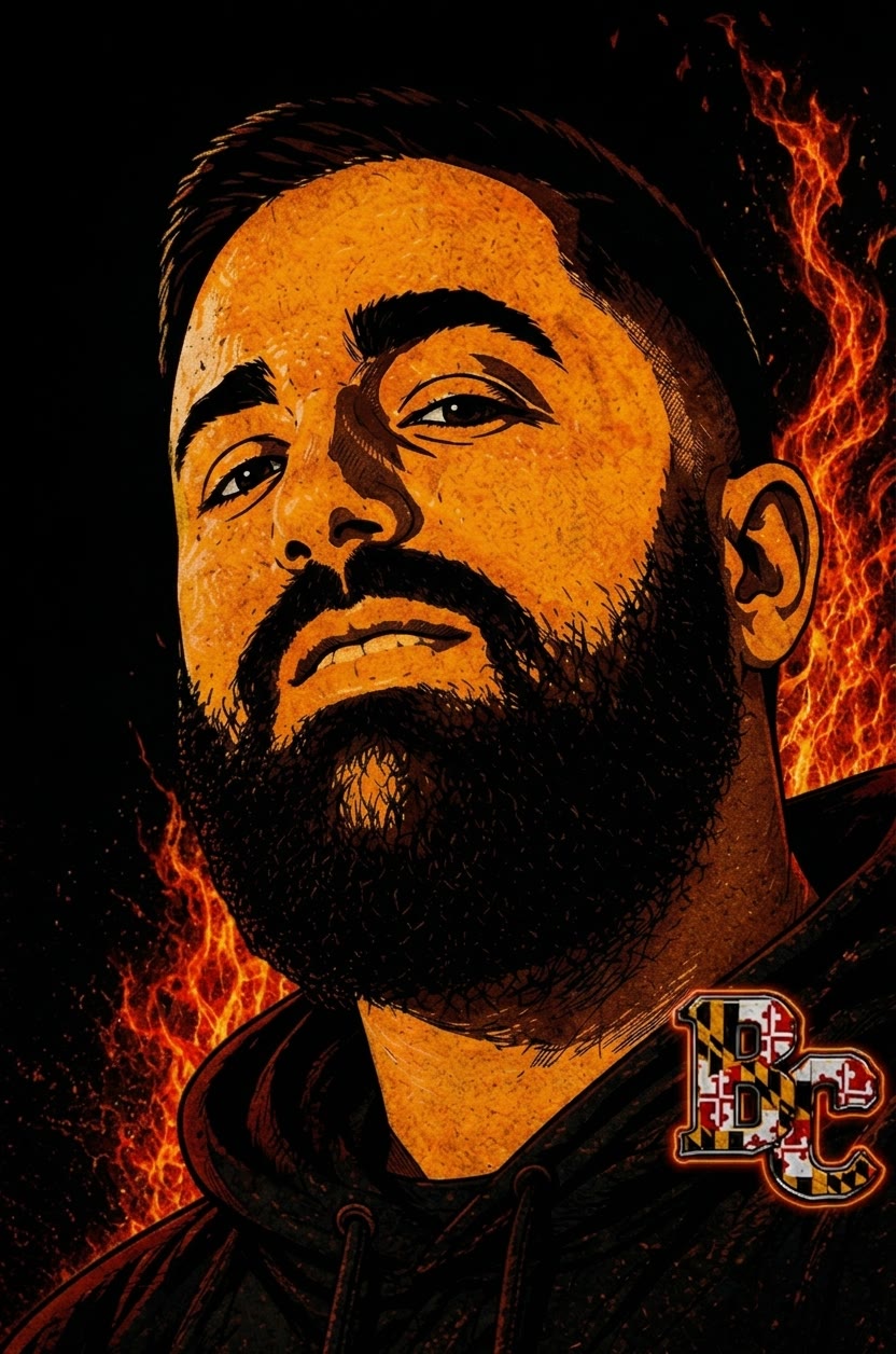 Blazin Caucasian artist portrait surrounded by flames
