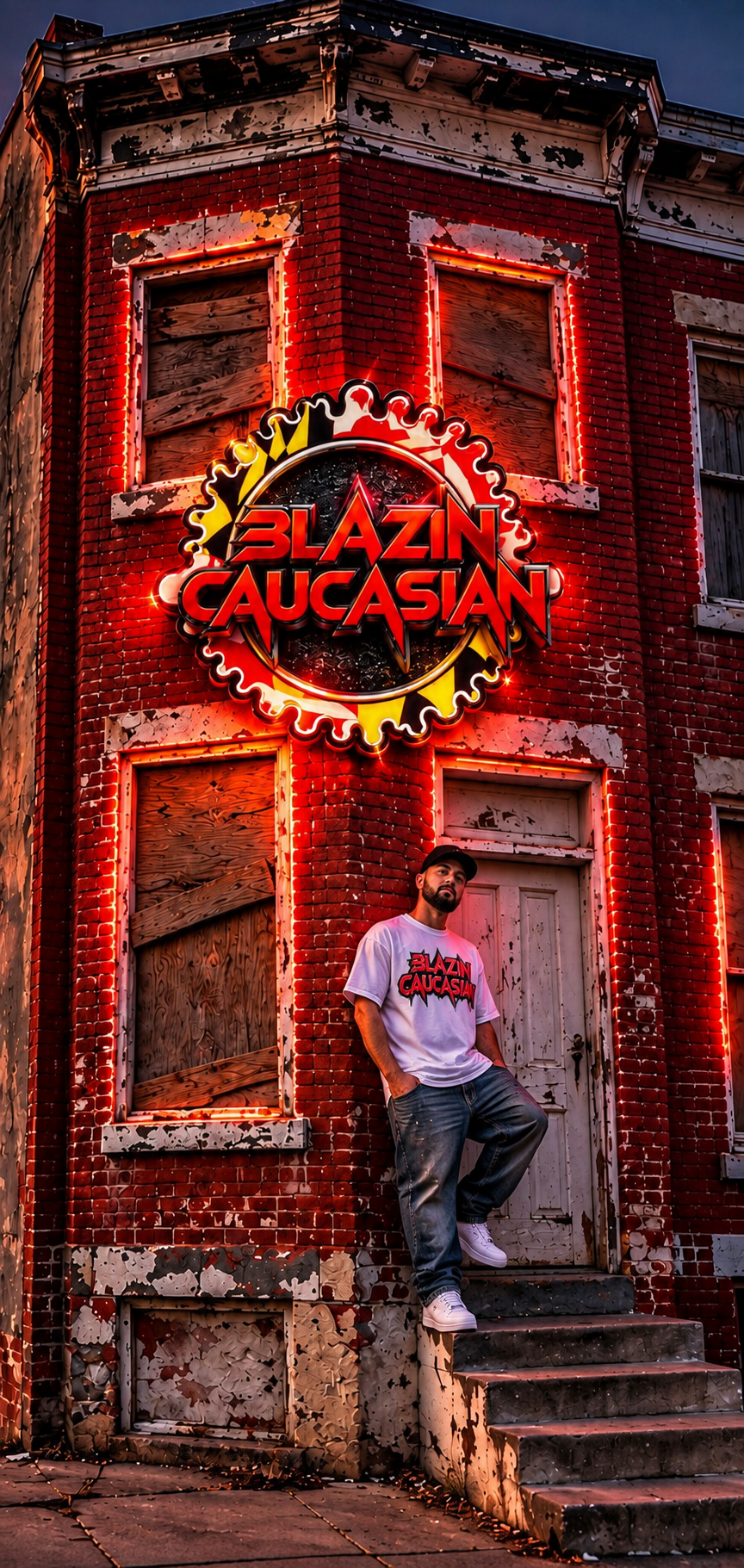 Blazin Caucasian artist portrait surrounded by flames